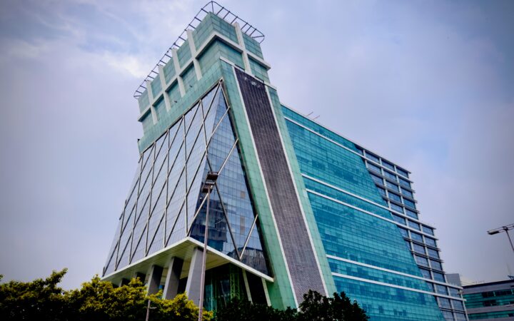 RBI FREE-AI framework for responsible AI in Indian financial services, represented by a corporate finance district in India